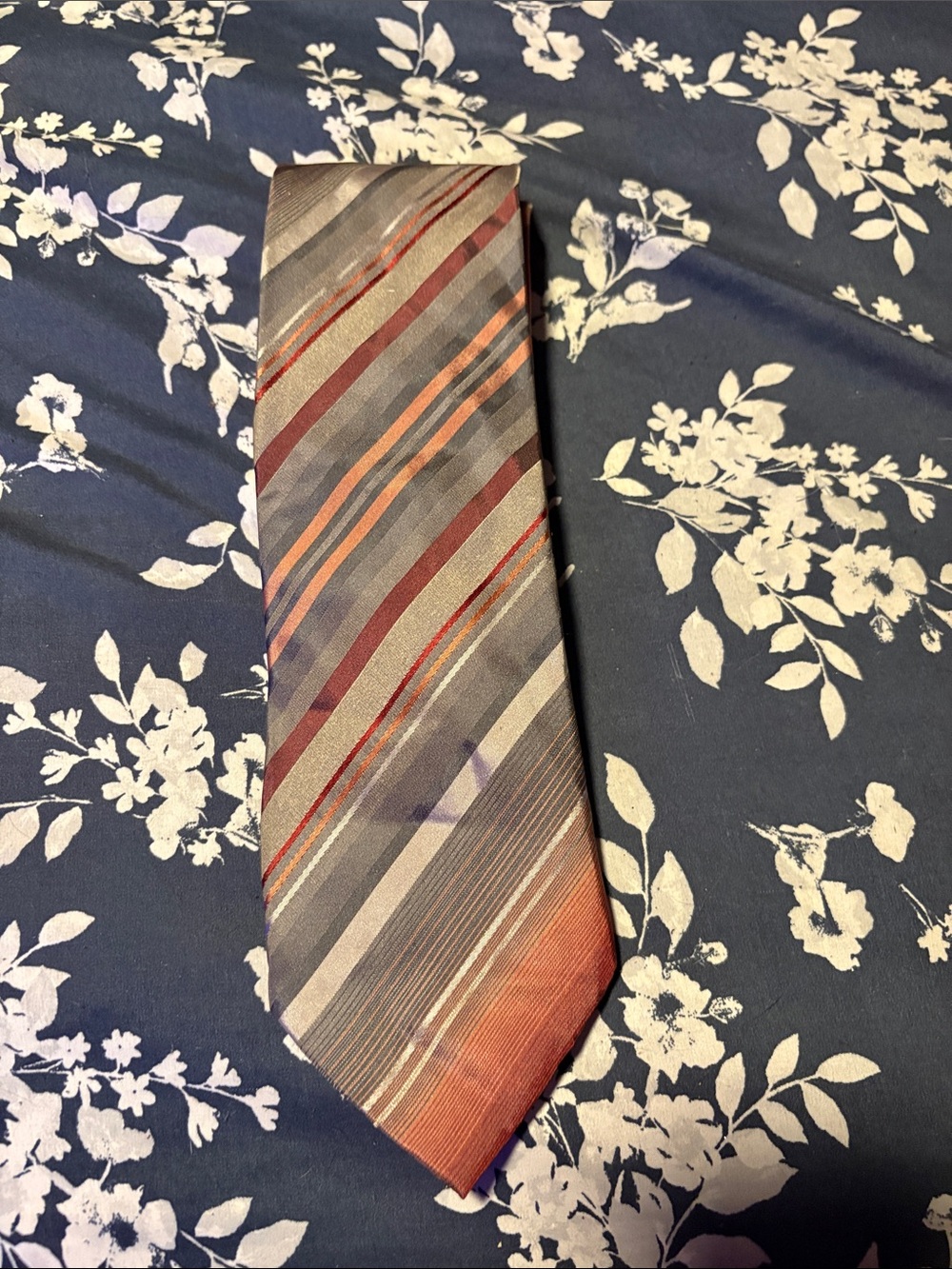 Van Heusen Gray Tie with Orange and Burgundy Stripes